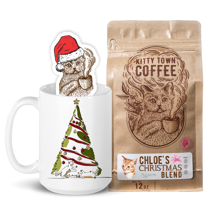 a picture of a bag of Chloe's Christmas Blend, a Christmas Mug, and a Santa Kitty Town sticker