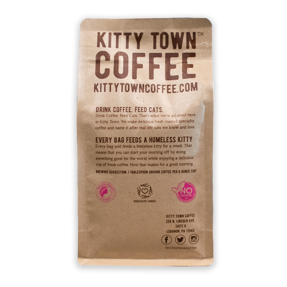 The back of a 12oz Kitty Town Coffee bag