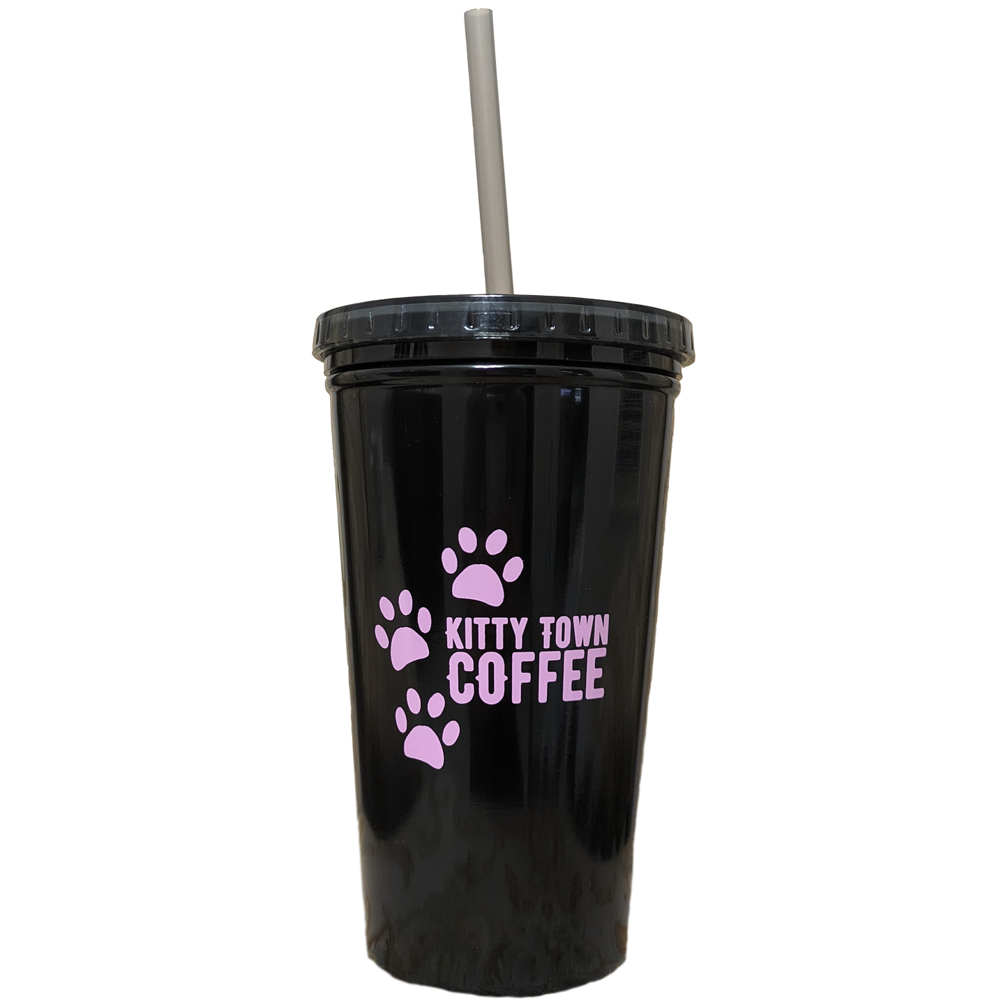 A black tumbler with pink logo and pink straw, featuring double wall construction.
