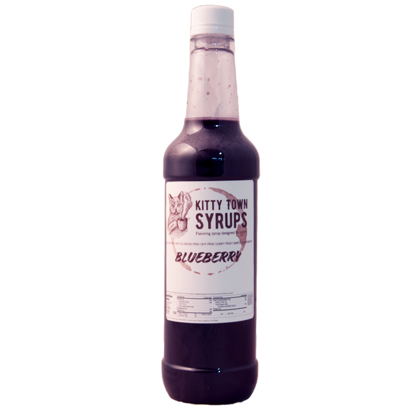 A plastic bottle of Blueberry flavoring syrup with a label that reads 'Kitty Town Syrups - Blueberry'.