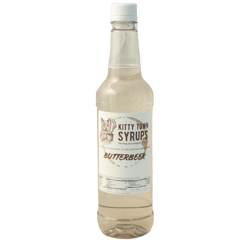 A plastic bottle labeled 'Kitty Town Syrups Butterbeer' with a white liquid inside, against a plain background.