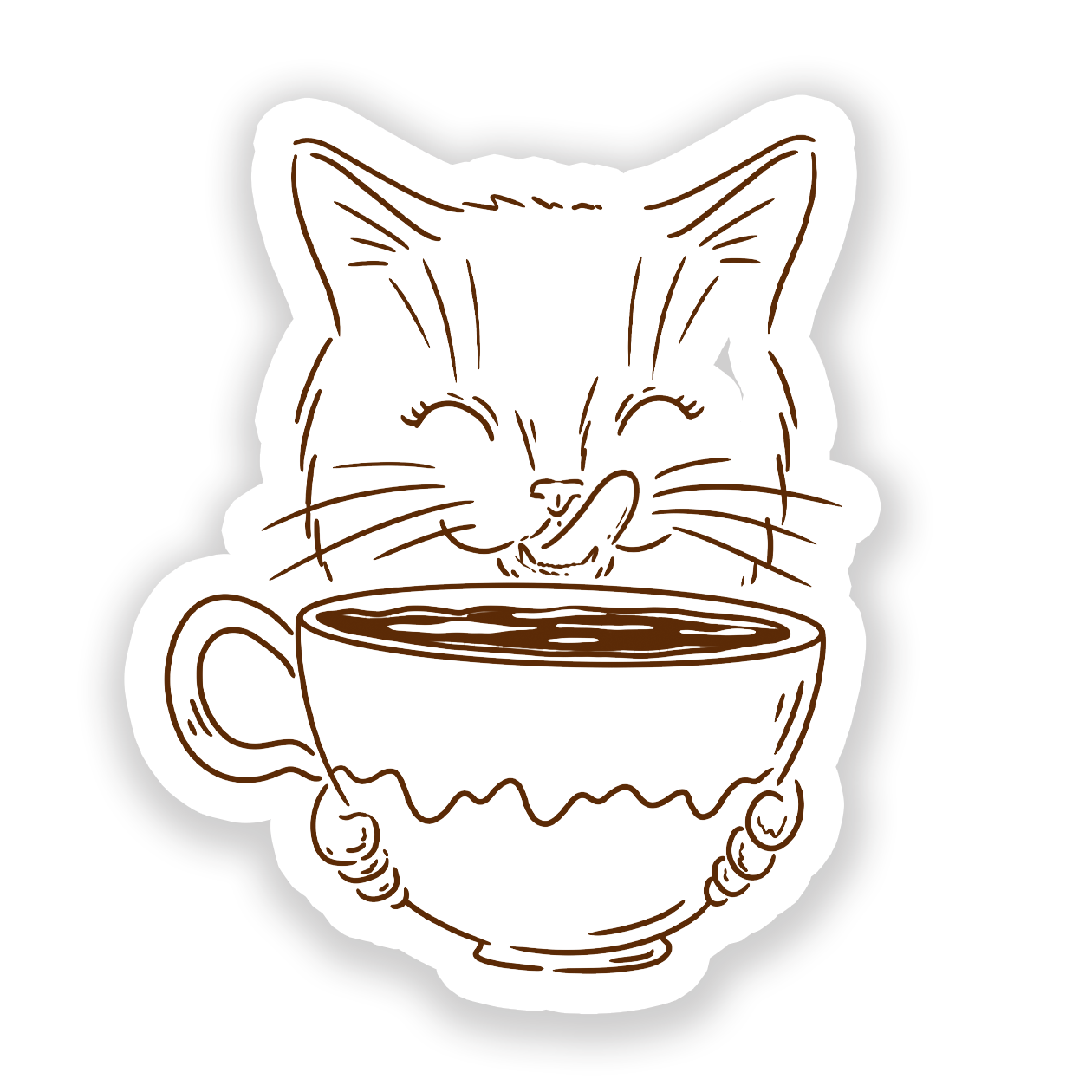 A sticker with a design of a cat with closed eyes, smiling, and drinking from a cup.