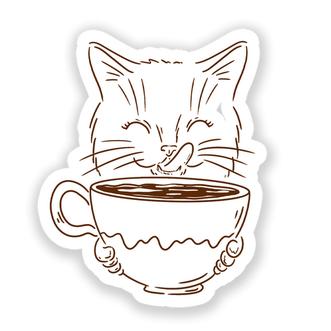 A sticker with a design of a cat with closed eyes, smiling, and drinking from a cup.