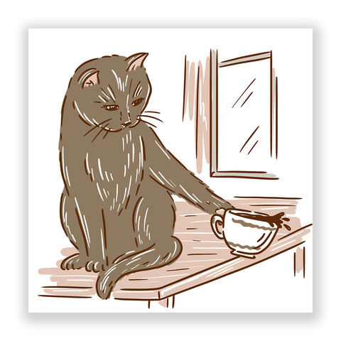 A sticker with an illustration of a gray cat sitting on a table.