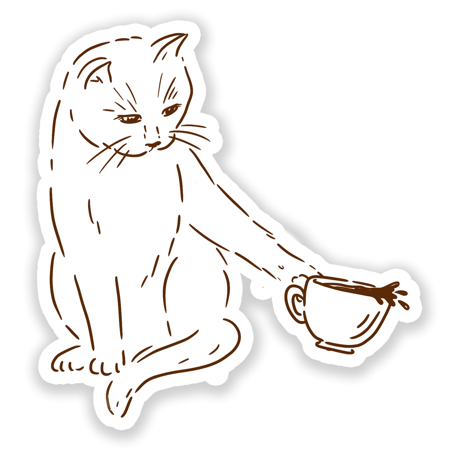 A sticker depicting a cat about to knock a mug full of coffee over