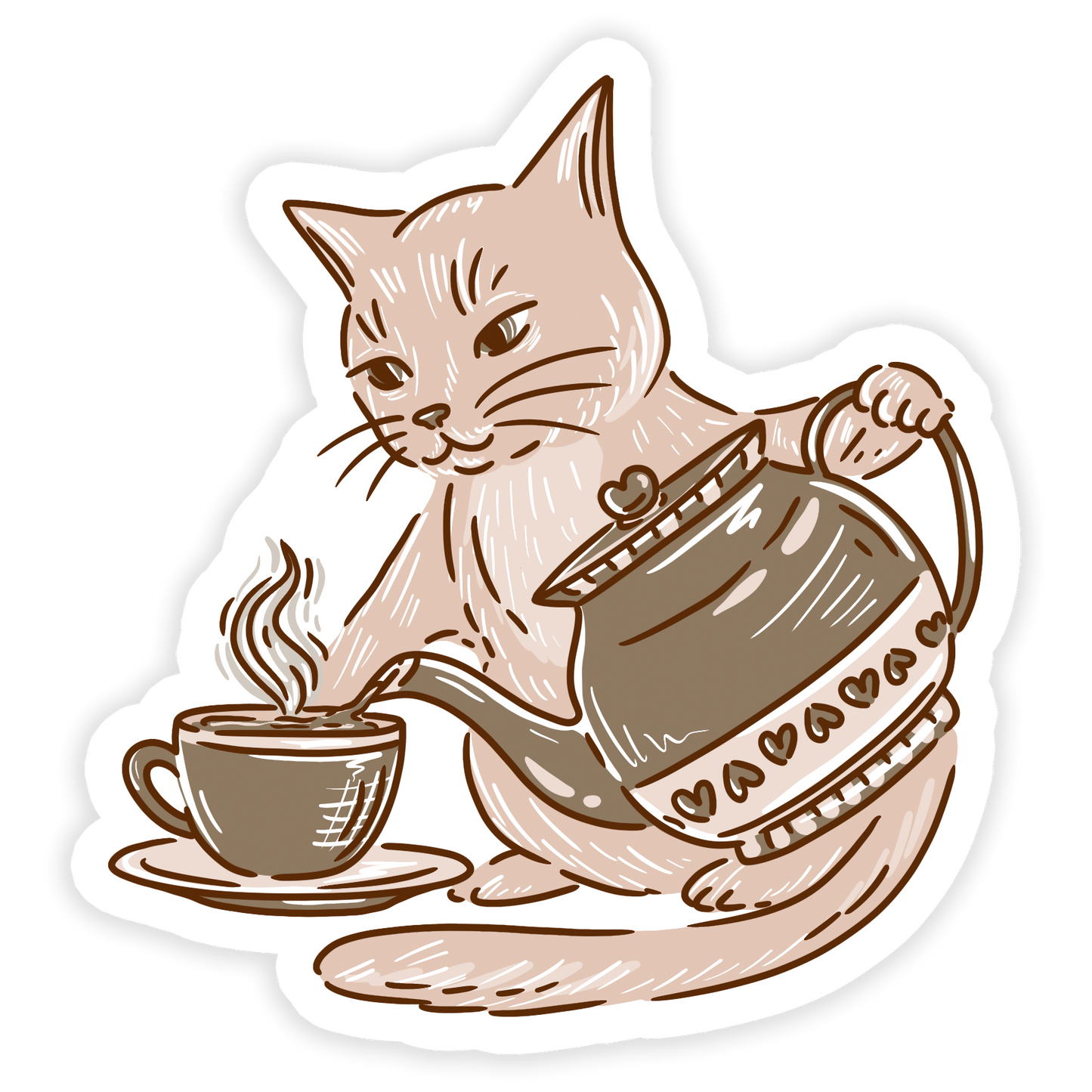 A sticker depicting a cartoon image of a cat holding a teapot, with a cup of tea in front of it.