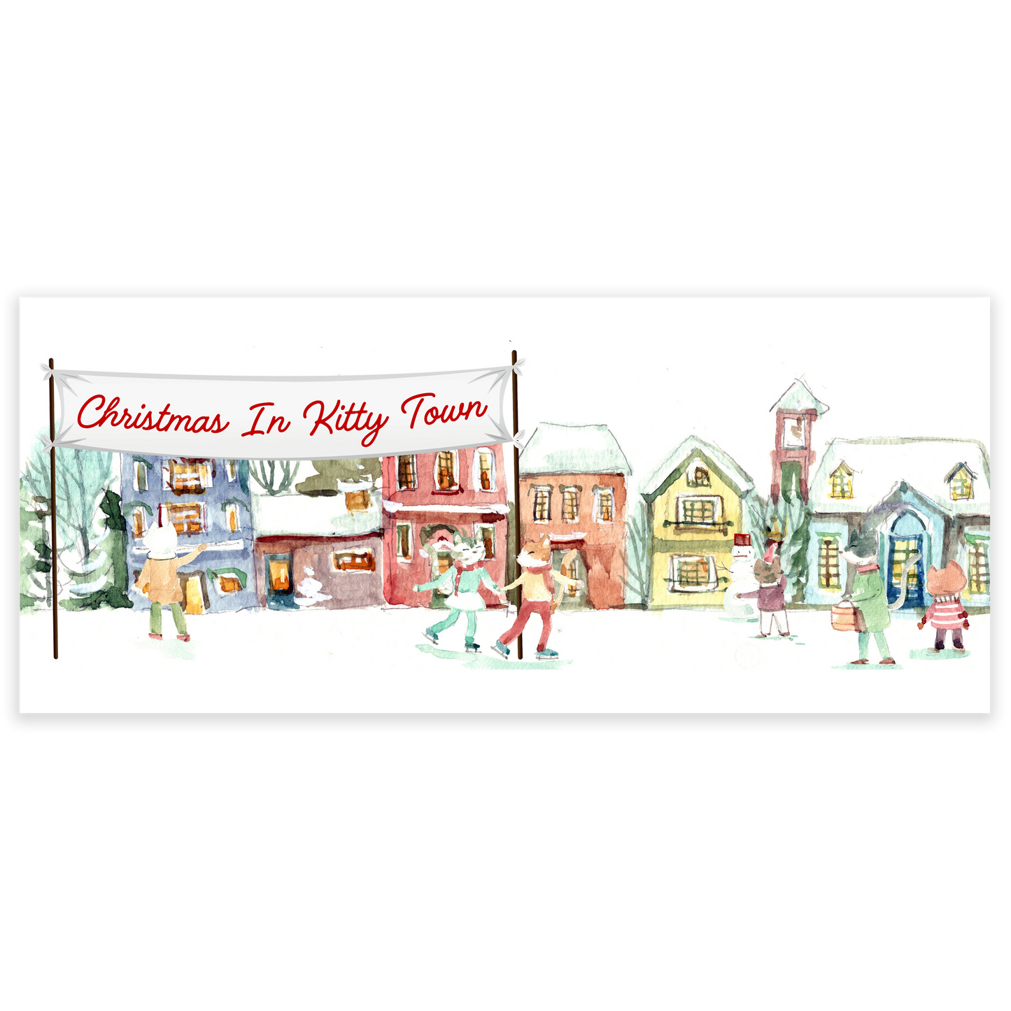A sticker with an illustration depicting a winter scene with cats and houses, titled 'Christmas In Kitty Town'.