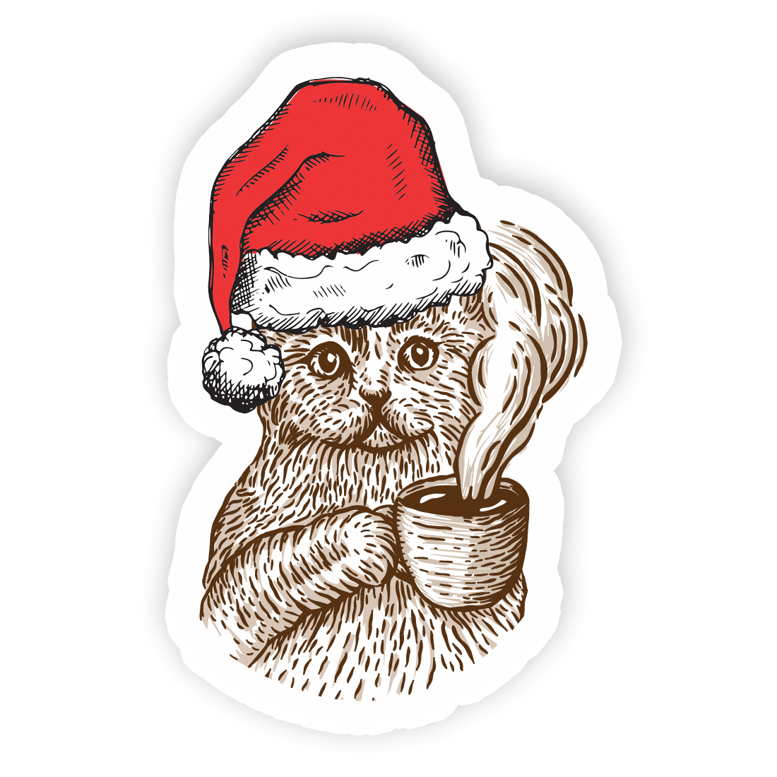 A sticker featuring a cat drinking a cup of coffee and a Christmas hat