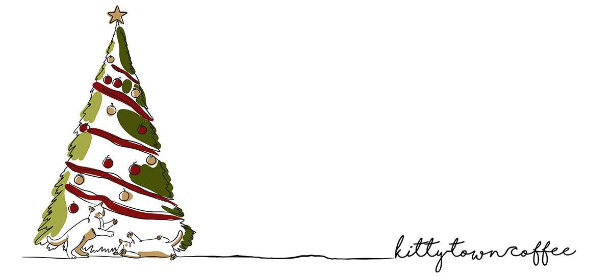 Cartoon Christmas tree with red and green decorations on a white background, featuring the brand 'kittytown coffee'.