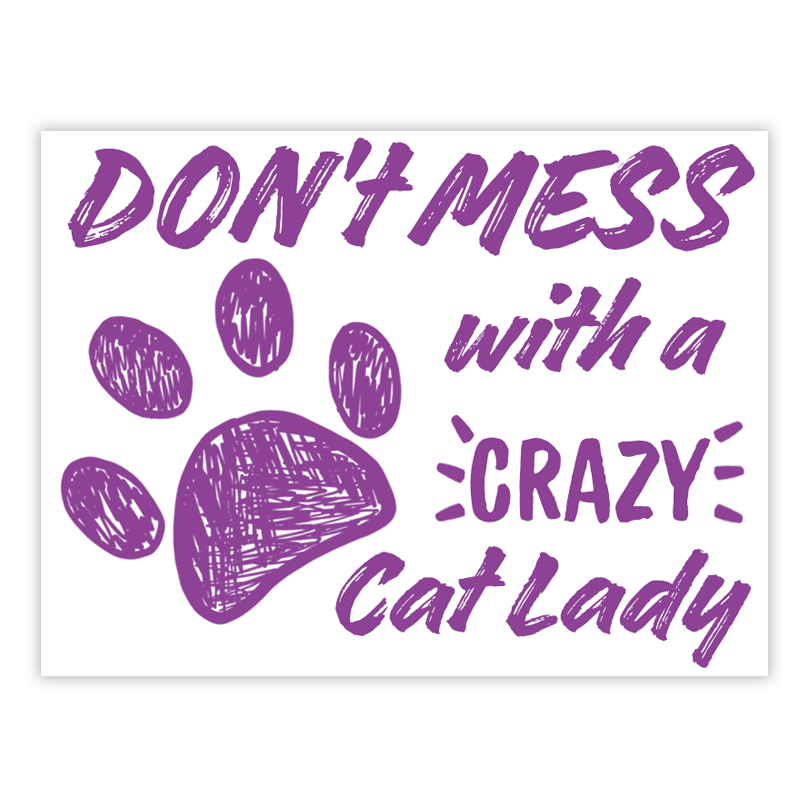 A sticker with purple text and graphics that reads 'DON'T MESS with a CRAZY Cat Lady' accompanied by a paw print.