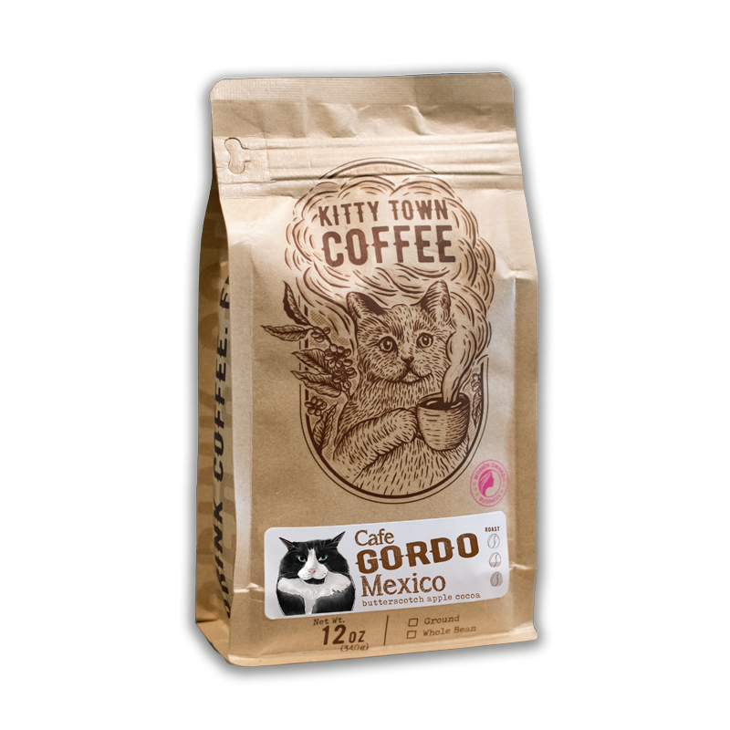 Kitty Town Coffee bag with a cat illustration on a white background