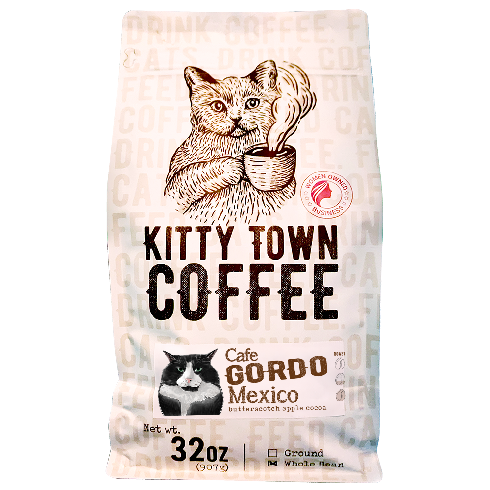 Kitty Town Coffee bag with a cat illustration on a white background