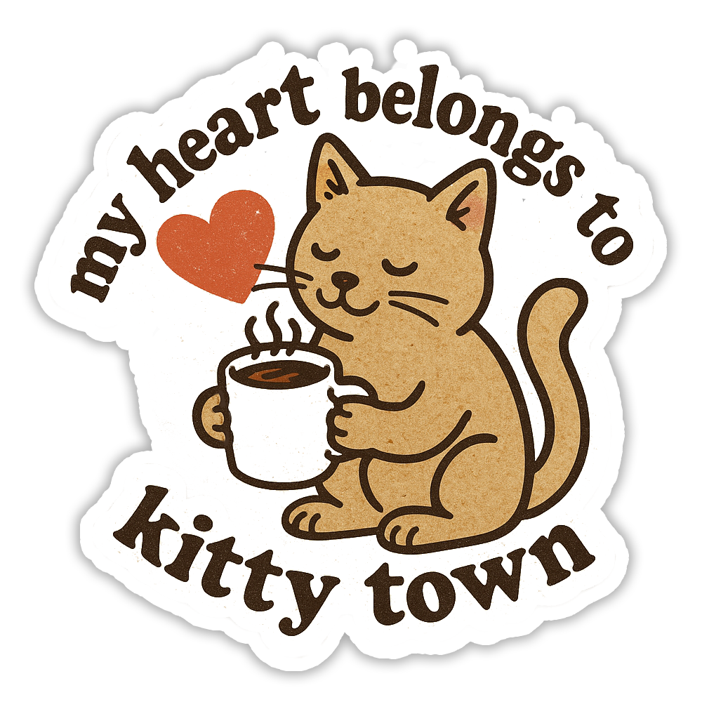 Sticker with a cat holding a coffee cup and 'my heart belongs to kitty town' text.