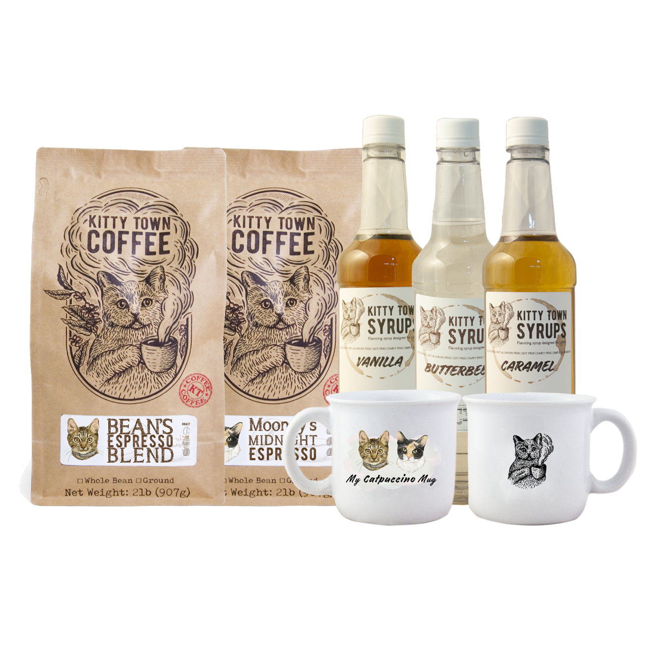 A collection of coffee and syrup bottles, two mugs, and bags of coffee beans with branding labels.