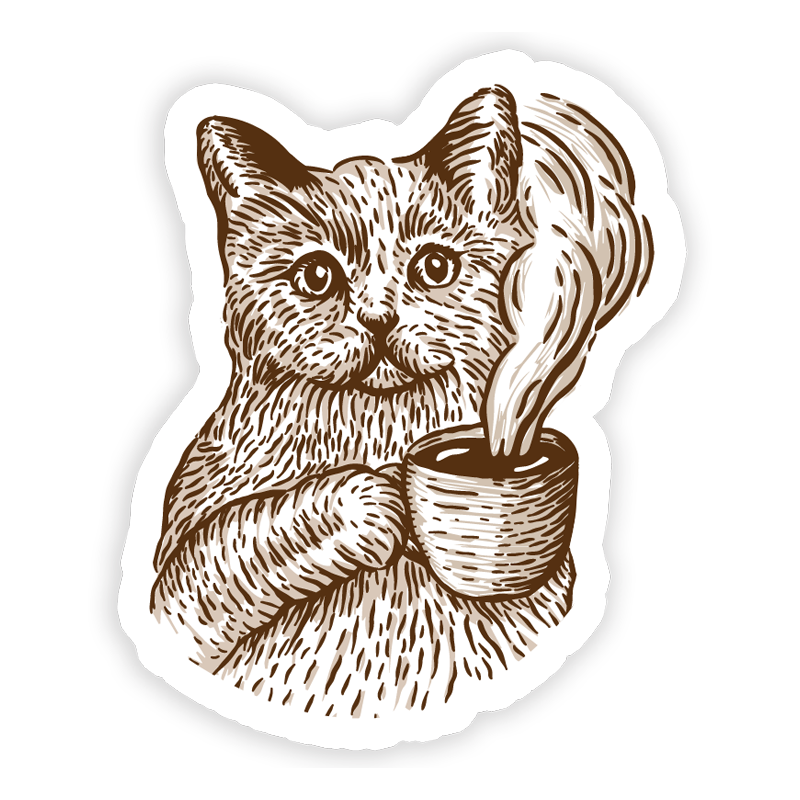 A magnet with an illustration of a cat holding a steaming coffee cup.
