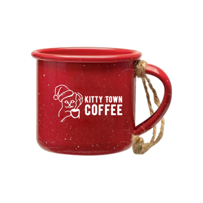 Red mug ornament with 'Kitty Town Coffee' logo on a white background