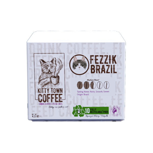 A box of Kitty Town Coffee Fezzik Brazil coffee pods, with an illustration of a cat on the front, and recycling symbols indicating the pods are recyclable.