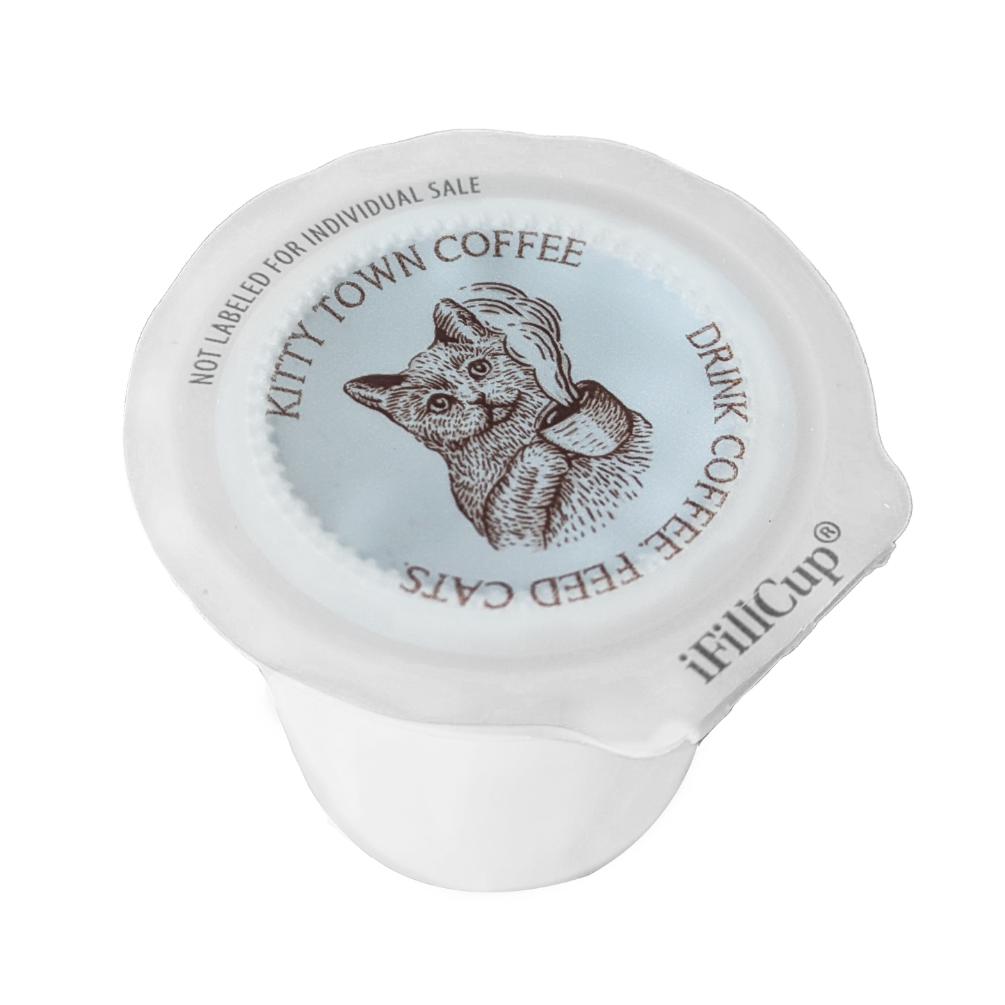 A side view of a Kitty Town Coffee Reusable Single Brew Pod