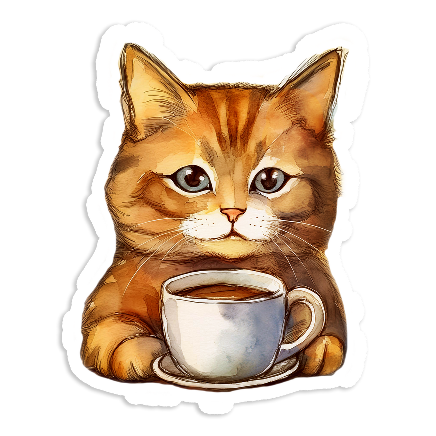 A sticker depicting a cartoon image of a cat with a coffee cup.