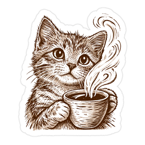 A woodcut style sticker of a wide eyed kitten holding a steaming cup of coffee