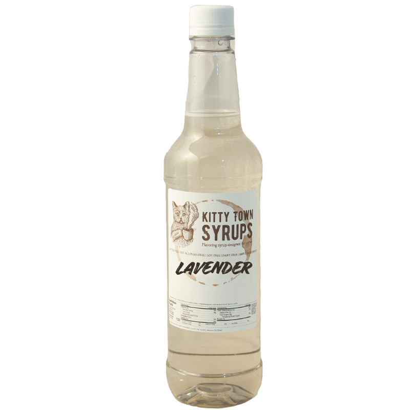 A plastic bottle labeled 'Kitty Town Syrups Lavender' against a plain background.