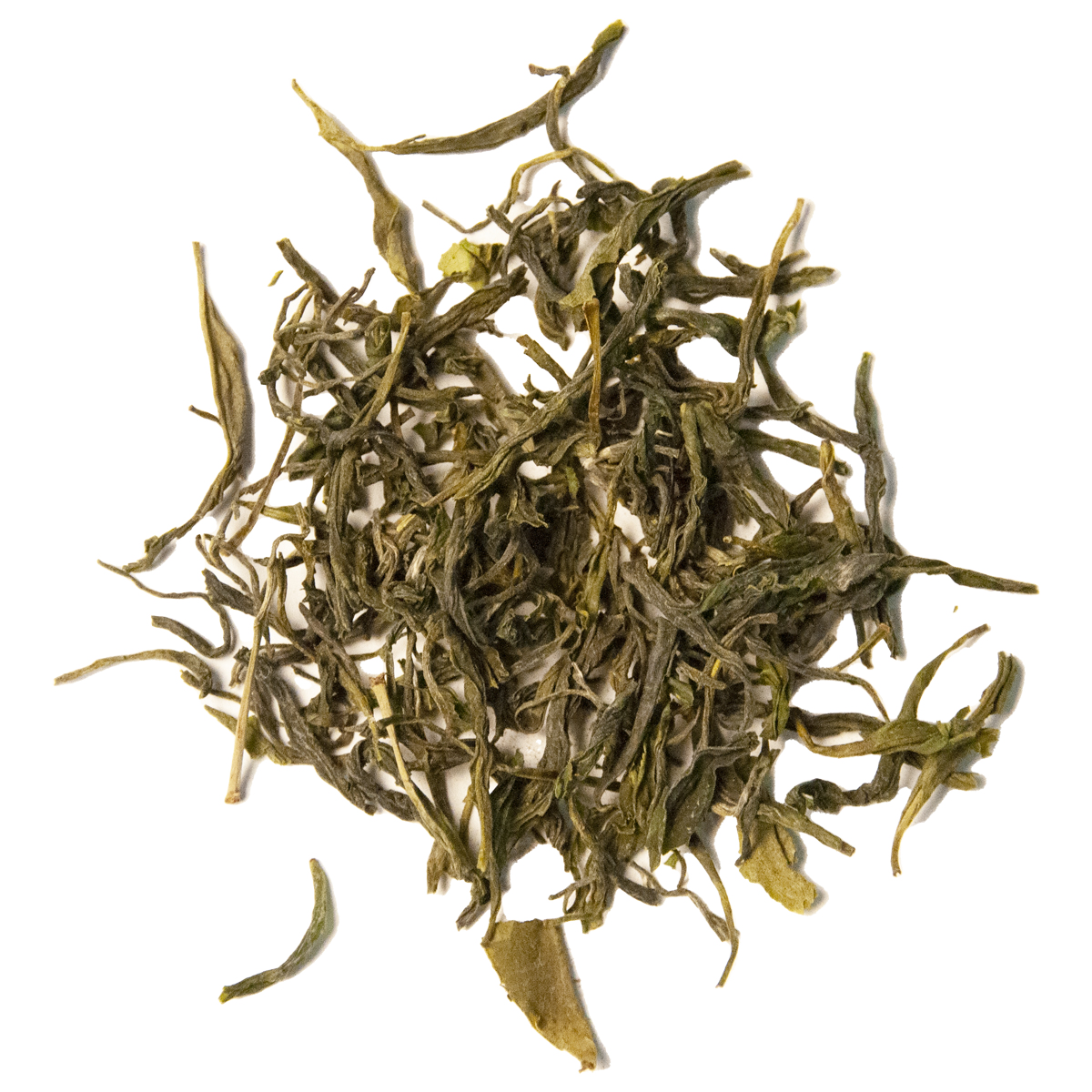 A clump of Mao Feng loose leaf tea
