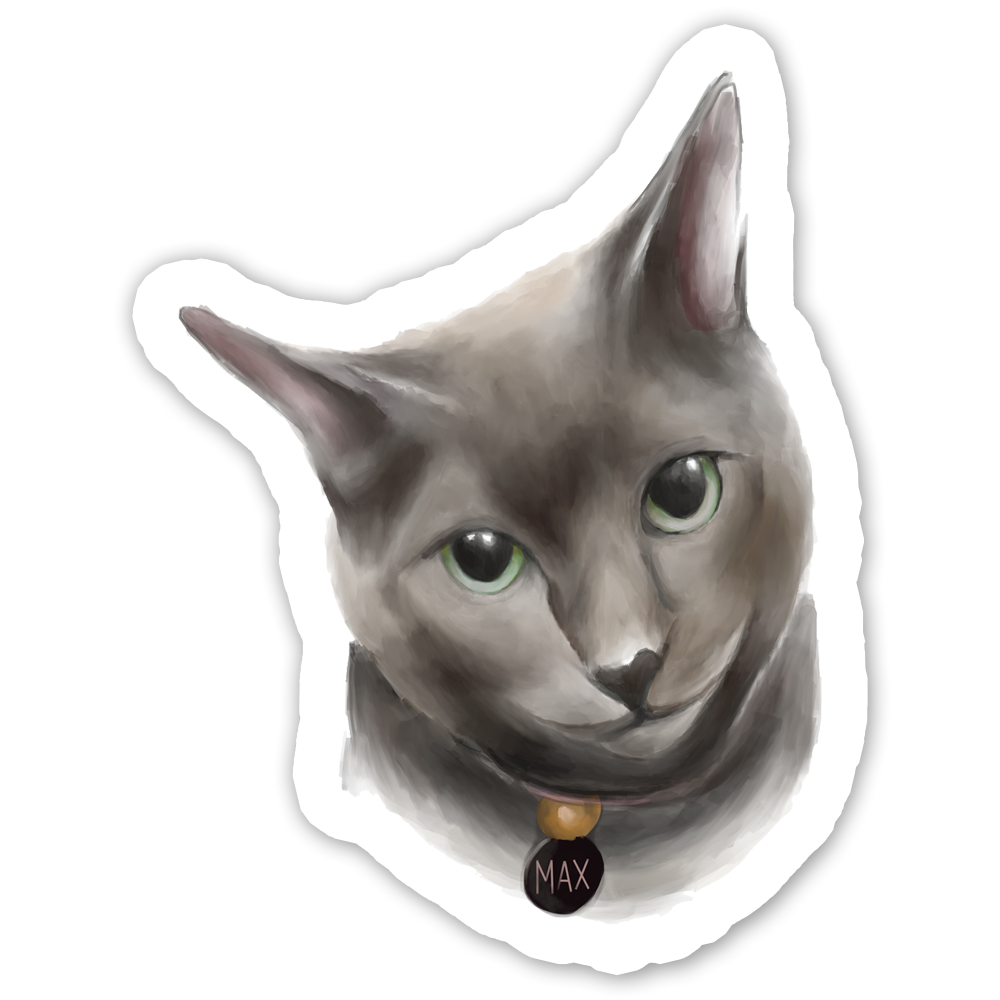 Custom sticker with a illustration of a gray cat with green eyes, wearing a collar with a tag that reads 'MAX'.