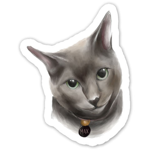 Custom sticker with a illustration of a gray cat with green eyes, wearing a collar with a tag that reads 'MAX'.