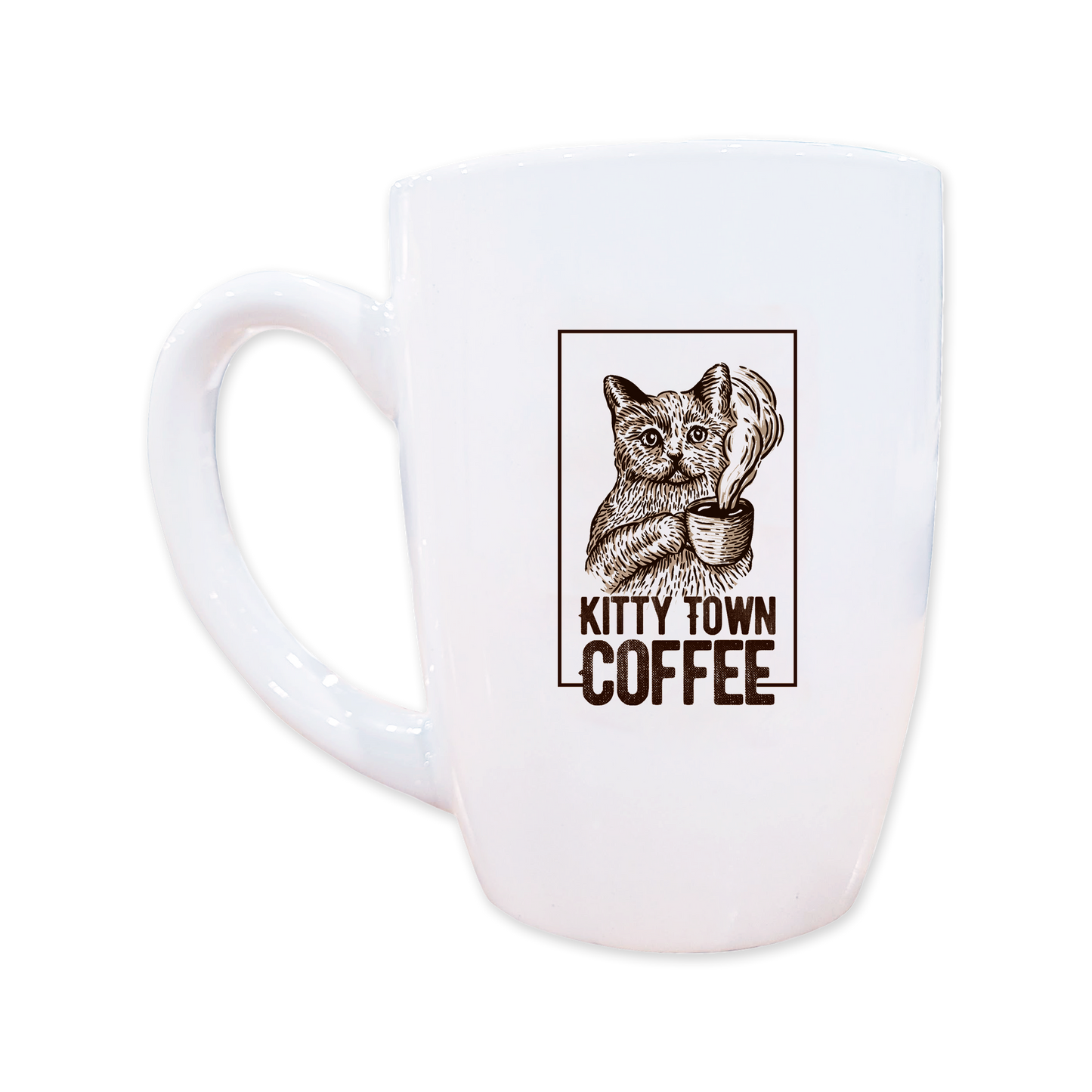 A white ceramic coffee mug with a printed design of a cat and the text 'Kitty Town Coffee'.