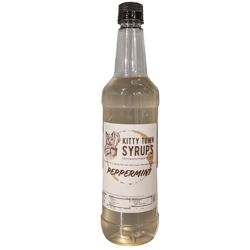 A plastic bottle of Peppermint flavoring syrup with a label that reads 'Kitty Town Syrups' and 'PEPPERMINT'.