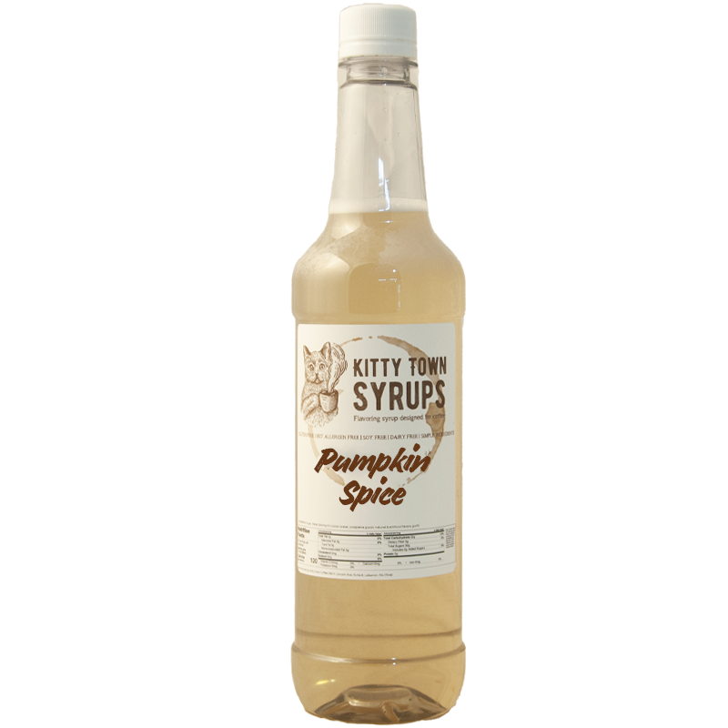 A plastic bottle of Pumpkin Spice flavoring syrup from Kitty Town Syrups.