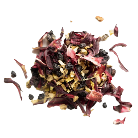 A pile of loose Raspberry Elderflower herbal tea with hibiscus petals, rosehips and elderflower
