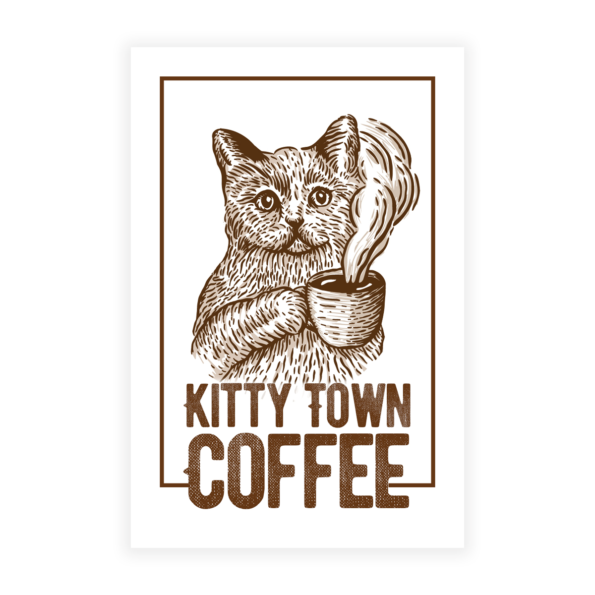 A rectangular magnet with an illustration of a cat holding a coffee cup and the text 'Kitty Town Coffee'.