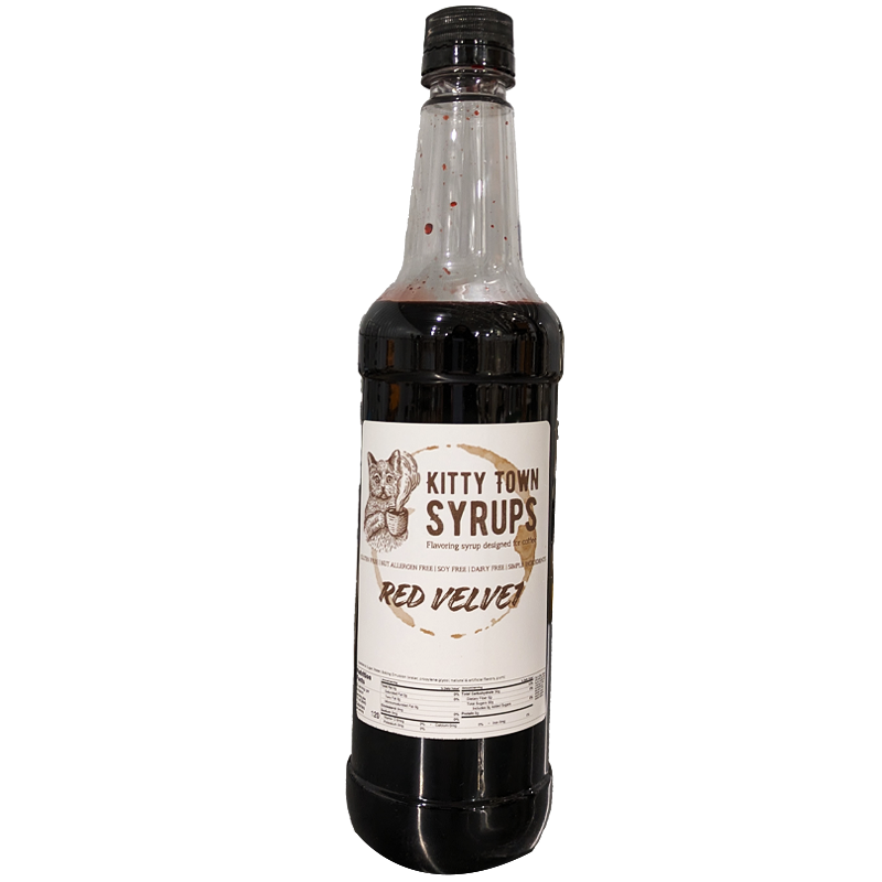 A bottle of Red Velvet flavoring syrup from Kitty Town Syrups.