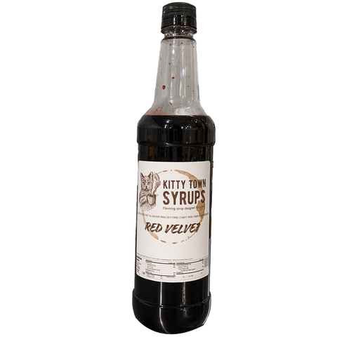 A bottle of Red Velvet flavoring syrup from Kitty Town Syrups.