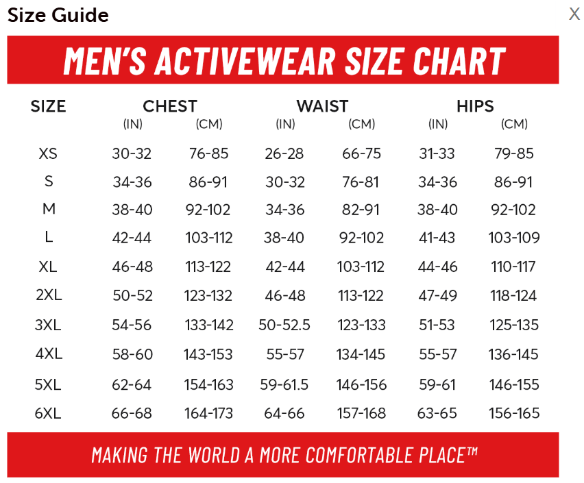 Size chart with dimensions listed in inches and centimeters