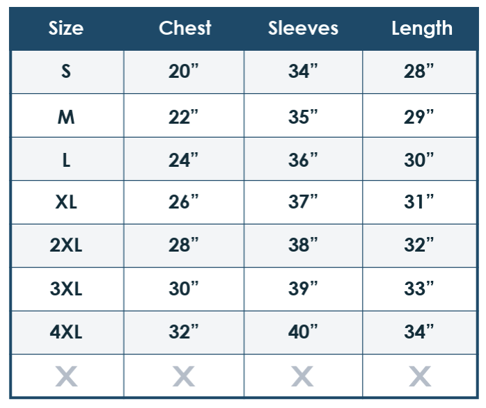 Size chart for shirts with measurements in inches