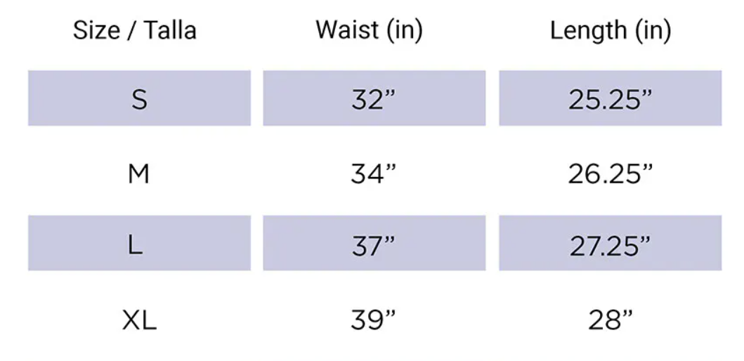 Size chart for waist and length measurements in inches