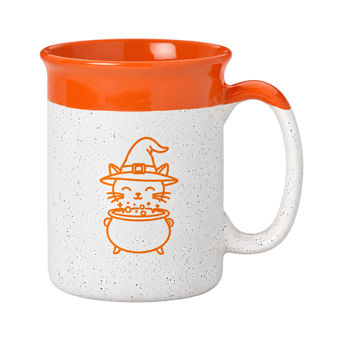 A ceramic mug with a speckled white exterior, a bright orange interior and handle, and an orange line-art illustration of a witch cat holding a cauldron on the front.