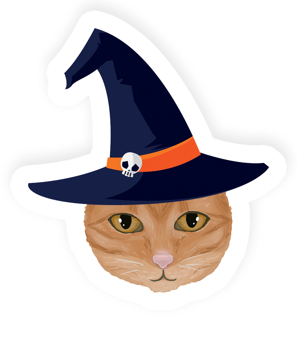 A sticker depicting a cat with a Halloween witch's hat.