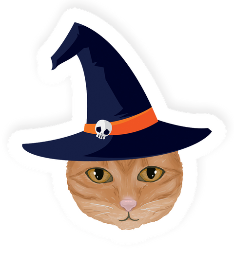 A sticker depicting a cat with a Halloween witch's hat.