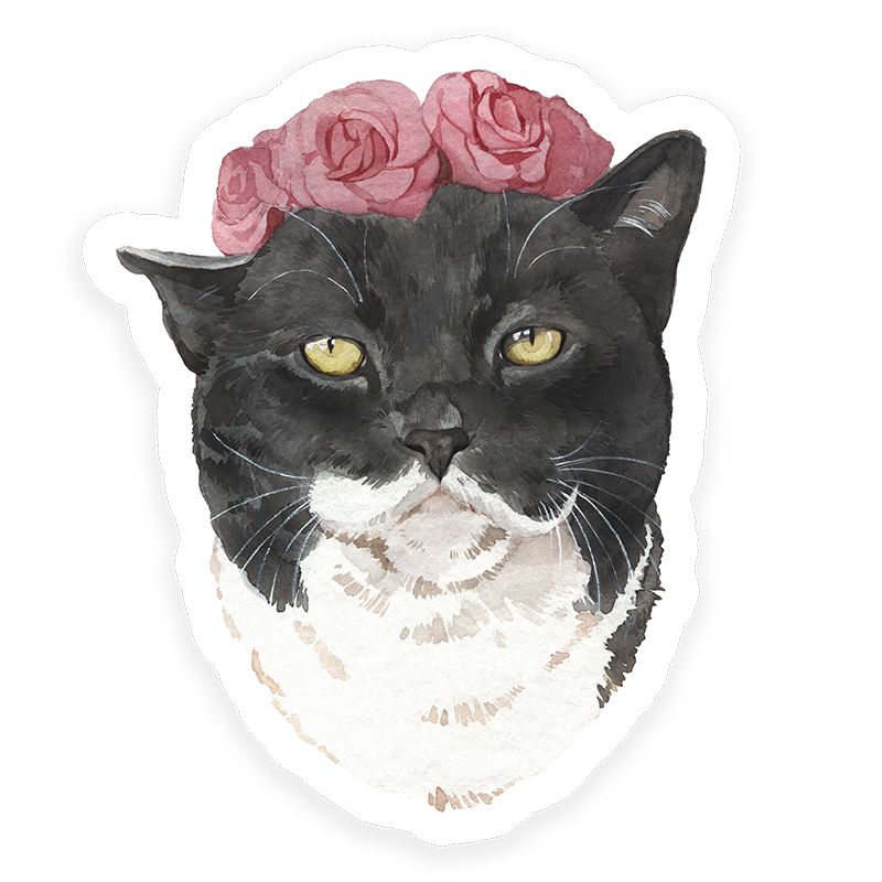 A sticker depicting a black cat with a crown of pink roses on its head.