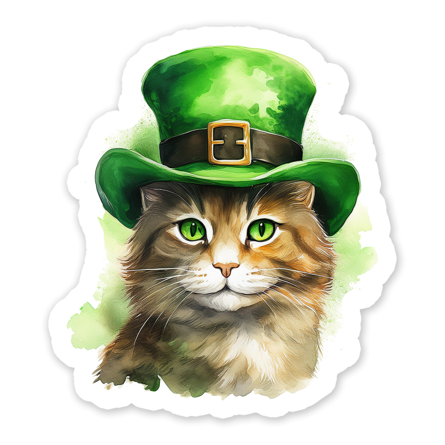 A sticker depicting a cat with green eyes wearing a green leprechaun hat.