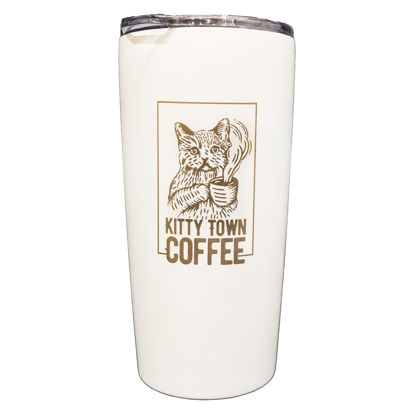 A white stainless steel travel mug with a matte finish, featuring an engraved logo design of a cat holding a coffee cup and the text 'Kitty Town Coffee'.