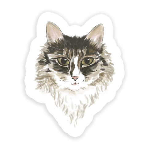 A magnet with an illustration of a cat's face, predominantly gray and white, set against a solid background.
