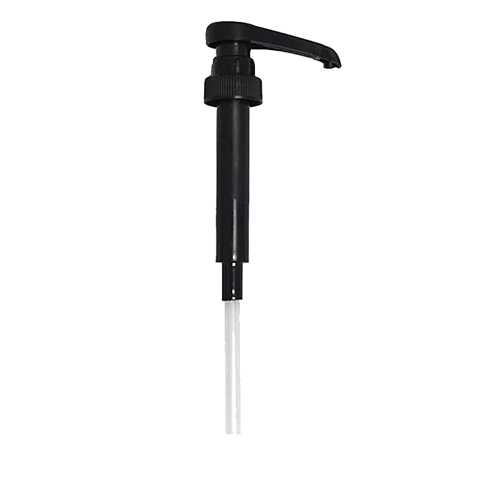 A black reusable syrup pump with a clear tube.