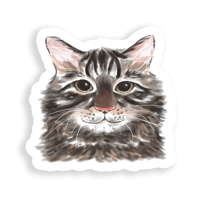 A sticker depicting a cat's face with detailed fur texture and realistic coloring.