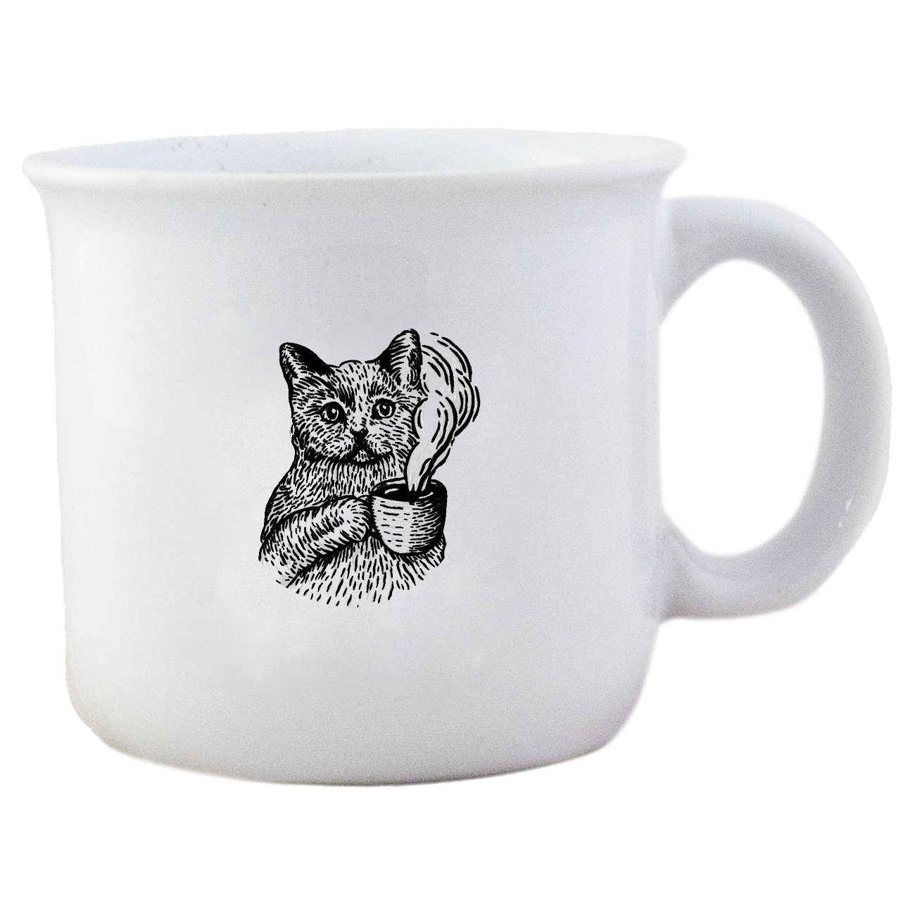 A white mug featuring a black and white Kitty Town Coffee logo