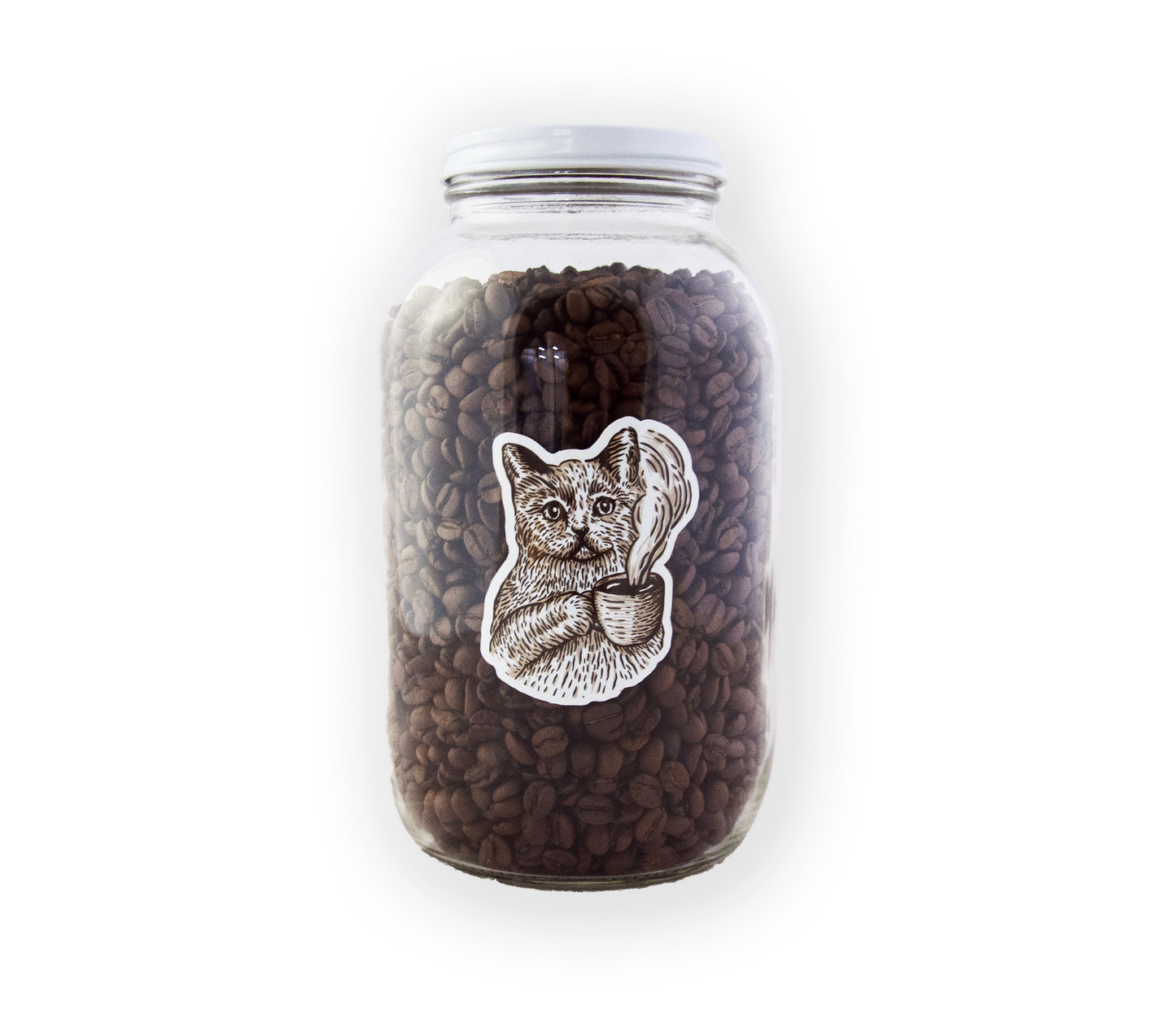 A 64oz clear jar with white screw top lid with a cat holding a cup of coffee image, depicted with coffee beans inside