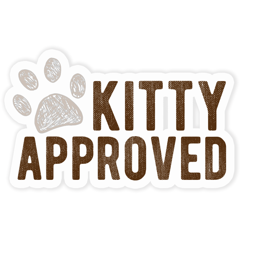 A sticker with the text 'Kitty Approved' designed with a paw print as part of the typography.